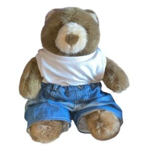 1990s 00’s Build A Bear Brown White Plush W/ Denim Jeans, White Shirt